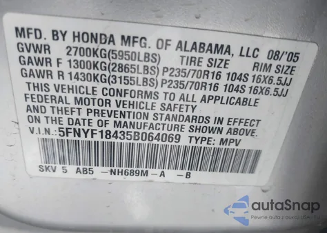 2005 Honda Pilot Ex from USA, damaged, VIN 5FNYF18435B064069